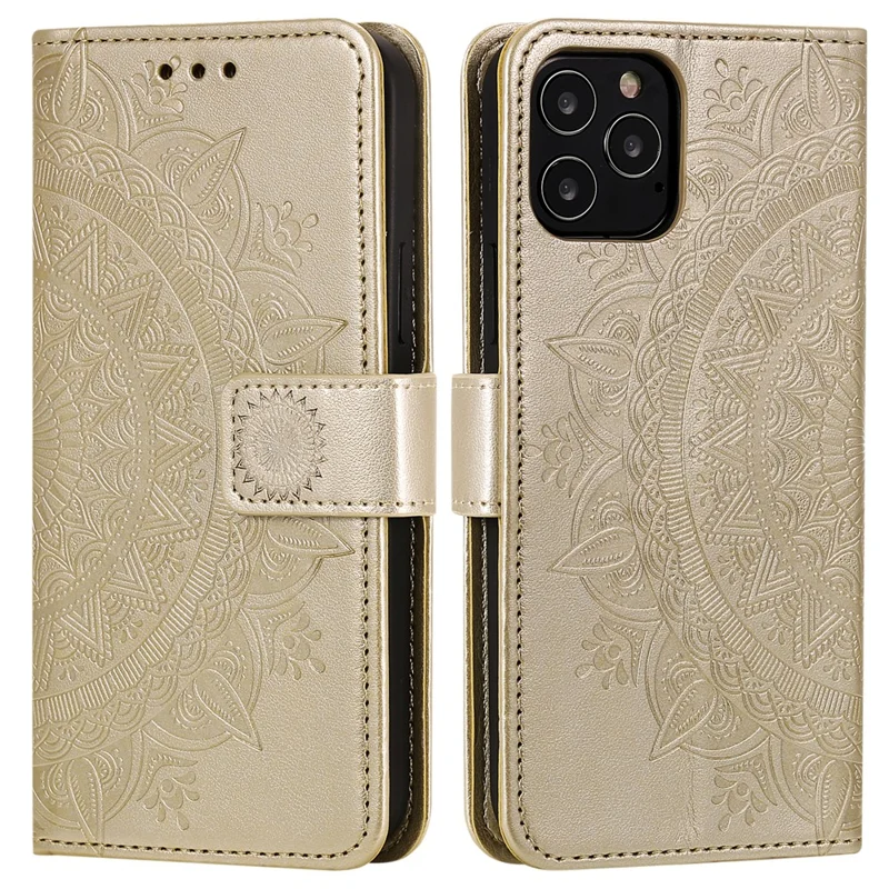 Mandala Flower Imprinted PU Leather Magnetic Wallet Case TPU Inner Flip Folio Stand Cover with Strap for iPhone 12 / 12 Pro 6.1 inch - Gold