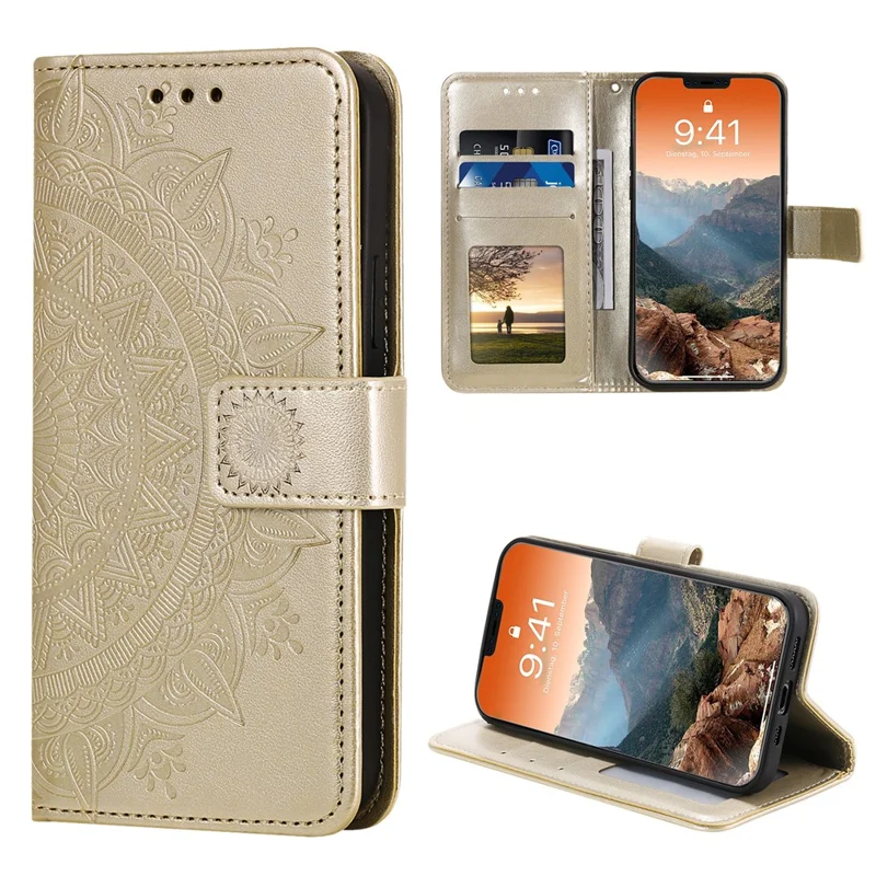 Mandala Flower Imprinted PU Leather Magnetic Wallet Case TPU Inner Flip Folio Stand Cover with Strap for iPhone 12 / 12 Pro 6.1 inch - Gold