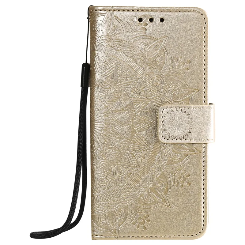Mandala Flower Imprinted PU Leather Magnetic Wallet Case TPU Inner Flip Folio Stand Cover with Strap for iPhone 12 / 12 Pro 6.1 inch - Gold