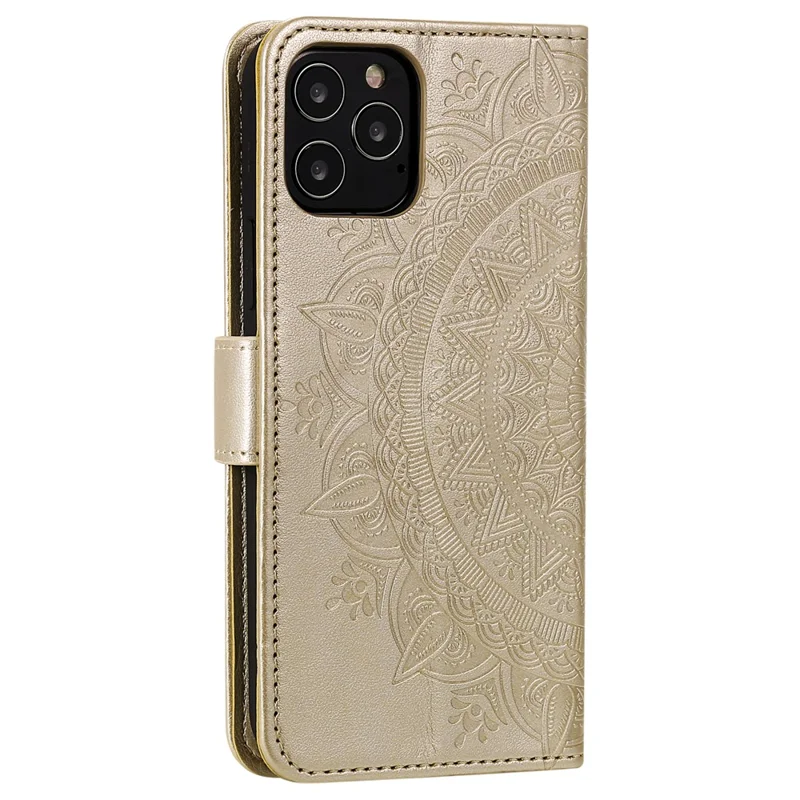 Mandala Flower Imprinted PU Leather Magnetic Wallet Case TPU Inner Flip Folio Stand Cover with Strap for iPhone 12 / 12 Pro 6.1 inch - Gold