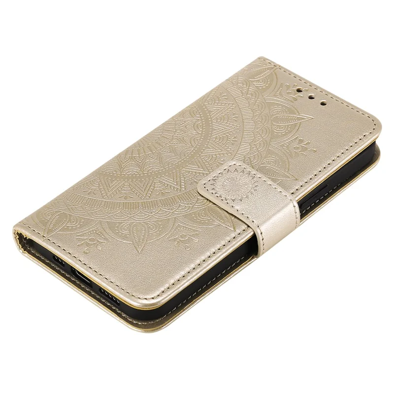 Mandala Flower Imprinted PU Leather Magnetic Wallet Case TPU Inner Flip Folio Stand Cover with Strap for iPhone 12 / 12 Pro 6.1 inch - Gold