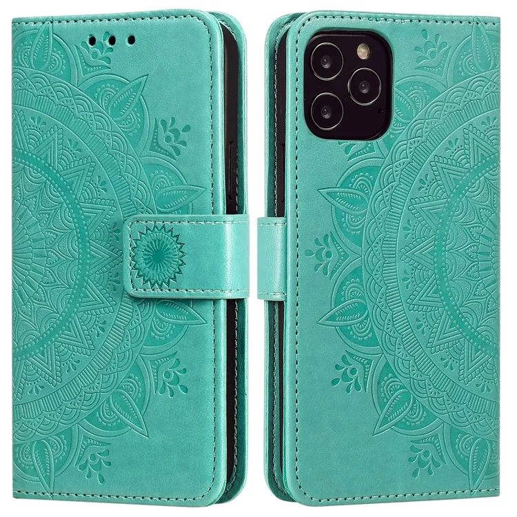 Mandala Blume Imprited PU-Leder Magnetischer Geldbörsenfall TPU Innen Flip Folio Stand Cover Mit Gurt Für IPhone 12 / 12 Pro 6,1 Zoll - Zyan