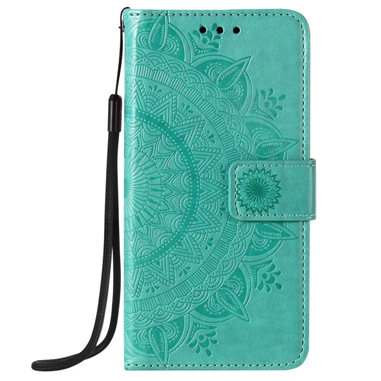 Mandala Flower Imprinted PU Leather Magnetic Wallet Case TPU Inner Flip Folio Stand Cover with Strap for iPhone 12 / 12 Pro 6.1 inch - Cyan