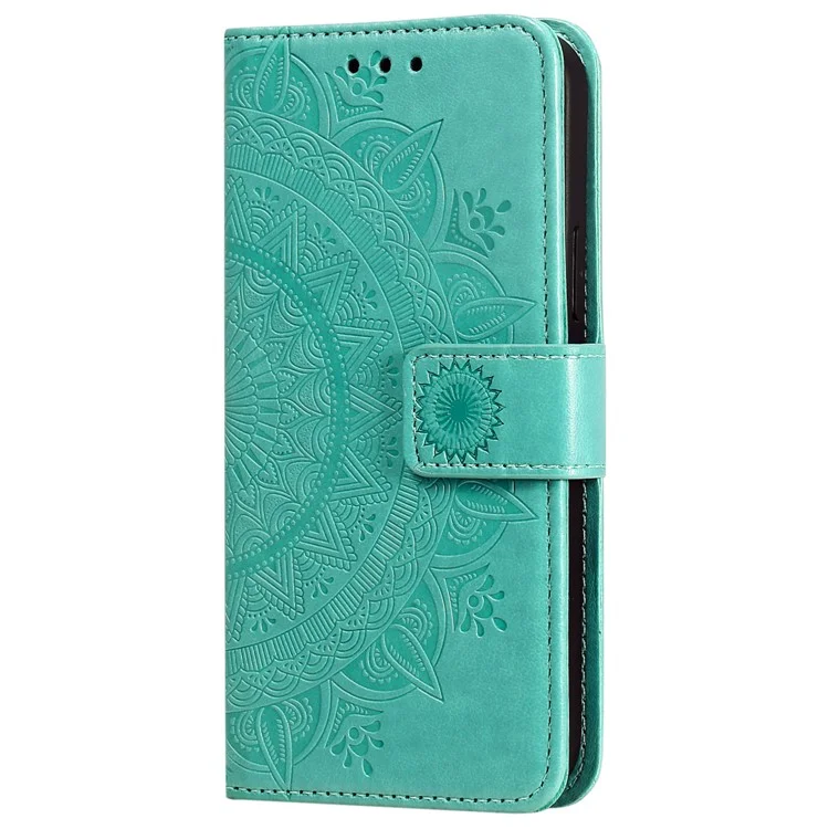 Fleur Mandala Etui De Portefeuille Magnétique En Cuir PU Imprimé PU TPU Inner Flip Folio Stand Cover Avec Sangle Pour IPhone 12 / 12 Pro 6.1 Pouces - Cyan