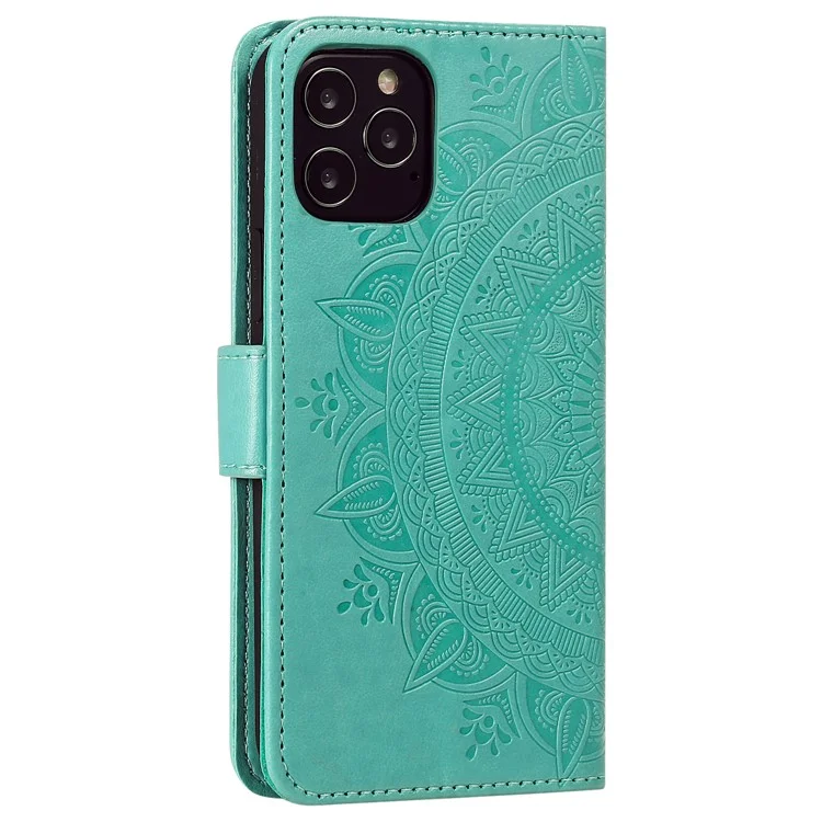 Mandala Blume Imprited PU-Leder Magnetischer Geldbörsenfall TPU Innen Flip Folio Stand Cover Mit Gurt Für IPhone 12 / 12 Pro 6,1 Zoll - Zyan