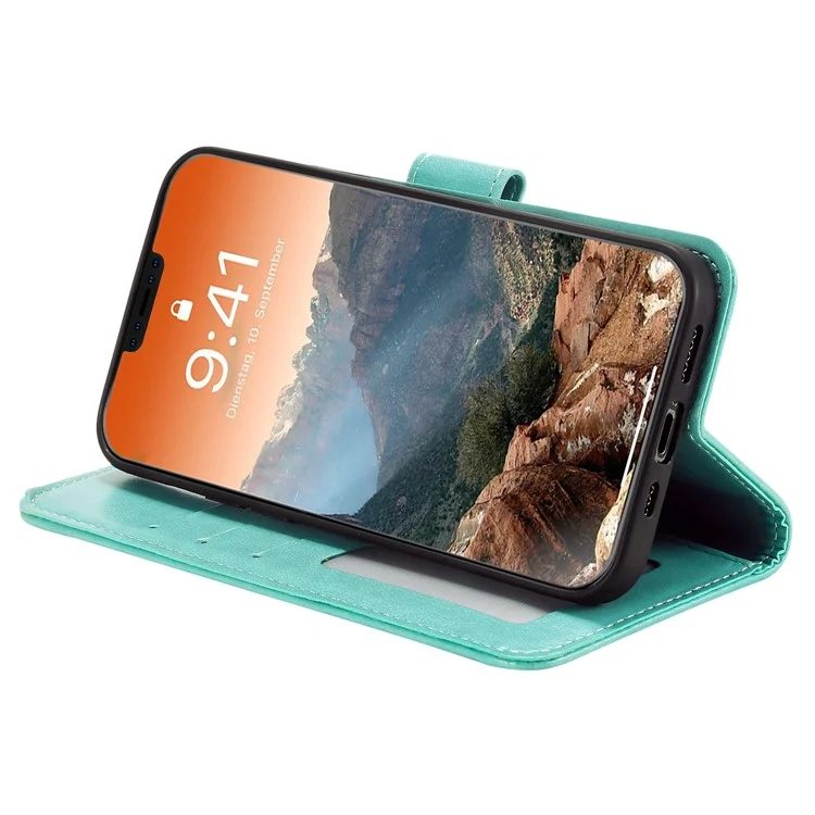 Mandala Blume geprägtes PU-Leder magnetisches Brieftaschenetui mit TPU-Innenschale, Klapphülle mit Ständer für iPhone 12 / 12 Pro 6.1 Zoll - Cyan