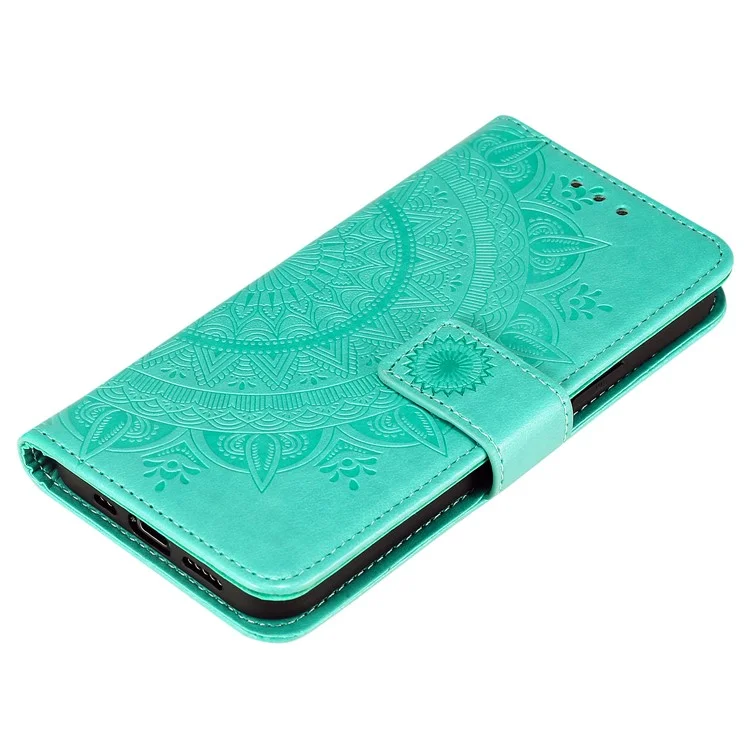 Mandala Blume Imprited PU-Leder Magnetischer Geldbörsenfall TPU Innen Flip Folio Stand Cover Mit Gurt Für IPhone 12 / 12 Pro 6,1 Zoll - Zyan