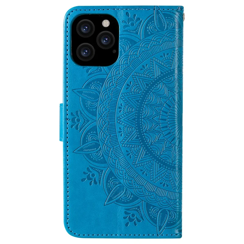 Mandala Flower Imprinted PU Leather Magnetic Wallet Case TPU Inner Flip Folio Stand Cover with Strap for iPhone 12 / 12 Pro 6.1 inch - Blue
