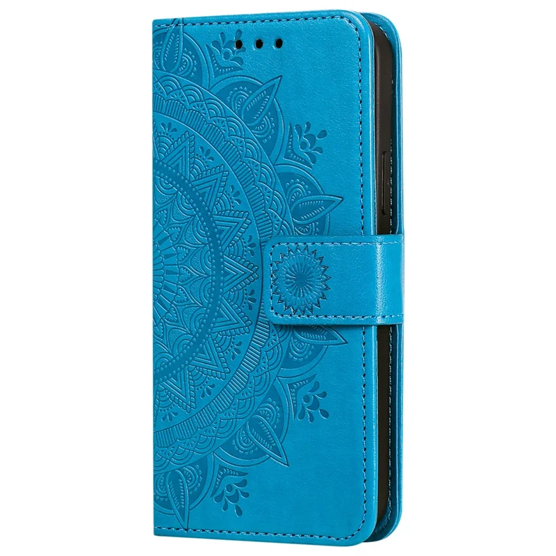 Mandala Flower Imprinted PU Leather Magnetic Wallet Case TPU Inner Flip Folio Stand Cover with Strap for iPhone 12 / 12 Pro 6.1 inch - Blue