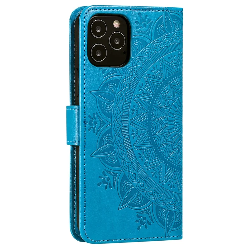 Mandala Flower Imprinted PU Leather Magnetic Wallet Case TPU Inner Flip Folio Stand Cover with Strap for iPhone 12 / 12 Pro 6.1 inch - Blue