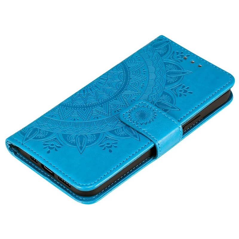 Mandala Flower Imprinted PU Leather Magnetic Wallet Case TPU Inner Flip Folio Stand Cover with Strap for iPhone 12 / 12 Pro 6.1 inch - Blue
