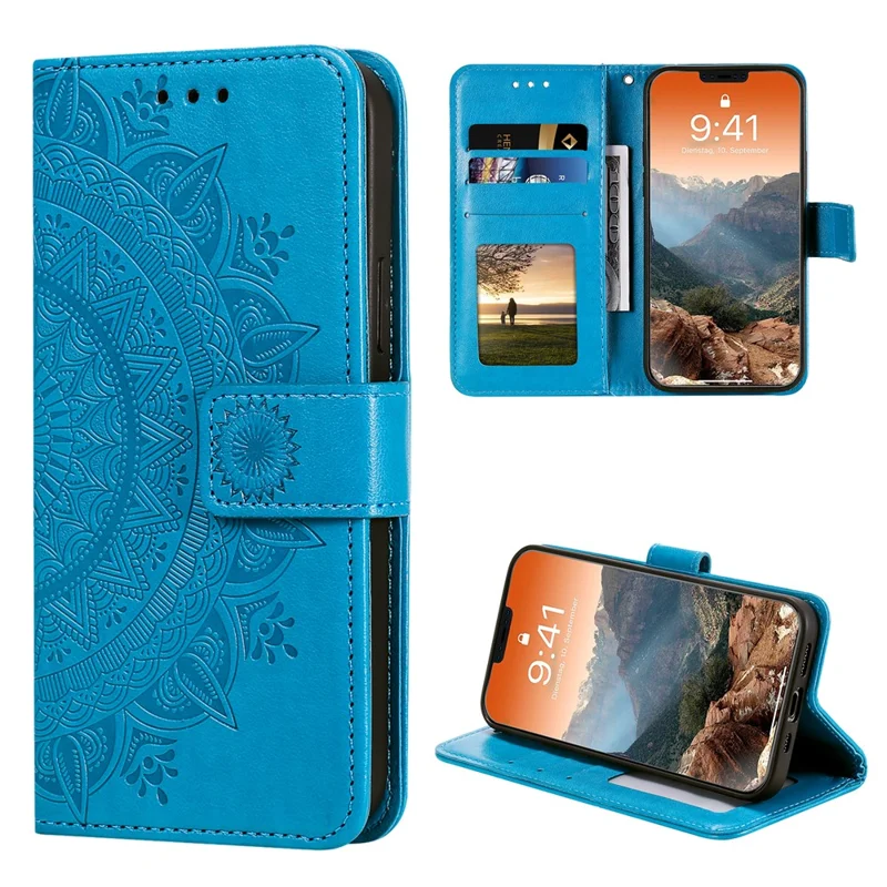 Mandala Flower Imprinted PU Leather Magnetic Wallet Case TPU Inner Flip Folio Stand Cover with Strap for iPhone 12 / 12 Pro 6.1 inch - Blue