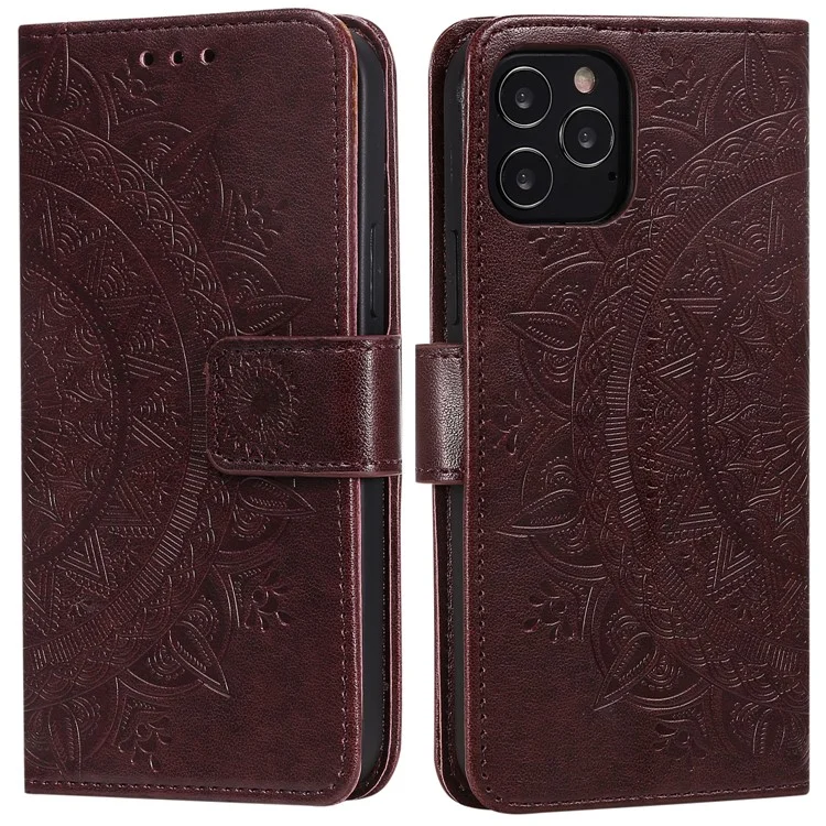 Mandala Flower Imprinted PU Leather Magnetic Wallet Case TPU Inner Flip Folio Stand Cover with Strap for iPhone 12 / 12 Pro 6.1 inch - Brown