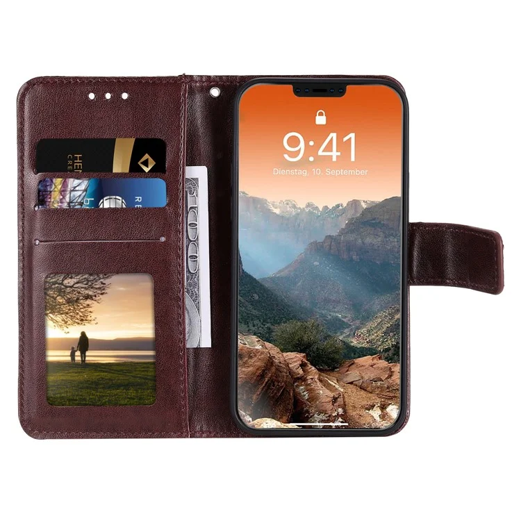 Mandala Flower Imprinted PU Leather Magnetic Wallet Case TPU Inner Flip Folio Stand Cover with Strap for iPhone 12 / 12 Pro 6.1 inch - Brown