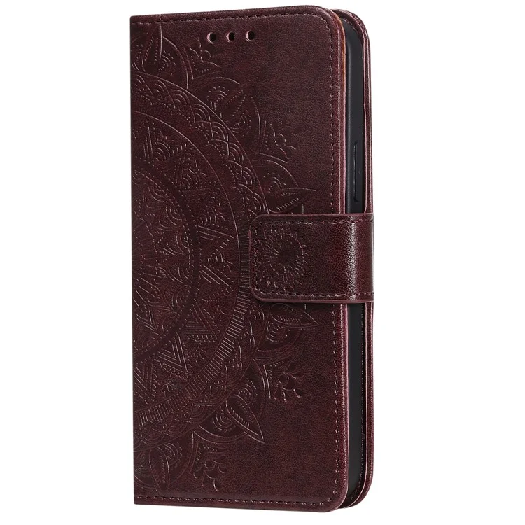 Mandala Flower Imprinted PU Leather Magnetic Wallet Case TPU Inner Flip Folio Stand Cover with Strap for iPhone 12 / 12 Pro 6.1 inch - Brown