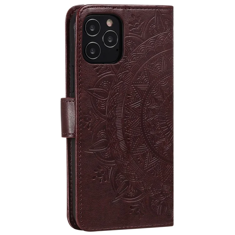 Mandala Flower Imprinted PU Leather Magnetic Wallet Case TPU Inner Flip Folio Stand Cover with Strap for iPhone 12 / 12 Pro 6.1 inch - Brown