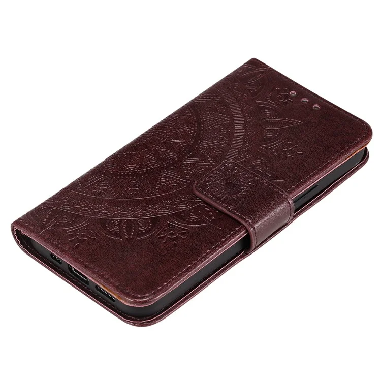 Mandala Flower Imprinted PU Leather Magnetic Wallet Case TPU Inner Flip Folio Stand Cover with Strap for iPhone 12 / 12 Pro 6.1 inch - Brown