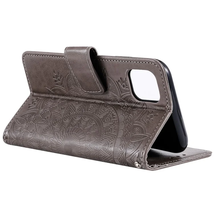 Funda de billetera de piel de poliuretano con diseño impreso de mandala floral, con soporte, cierre magnético y cordón para iPhone 12 mini de 5,4 pulgadas - Gris