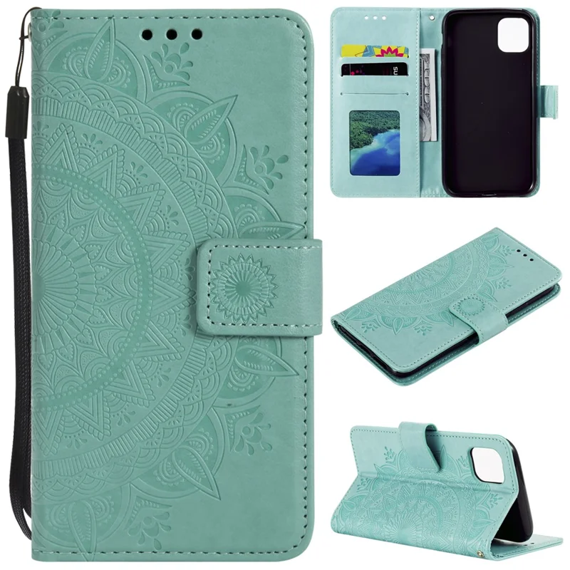Imprinted Mandala Flower PU Leather Wallet Case Stand Magnetic Closure Flip Cover with Lanyard for iPhone 12 mini 5.4 inch- Cyan