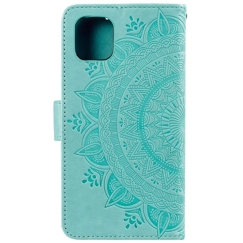 Imprinted Mandala Flower PU Leather Wallet Case Stand Magnetic Closure Flip Cover with Lanyard for iPhone 12 mini 5.4 inch- Cyan