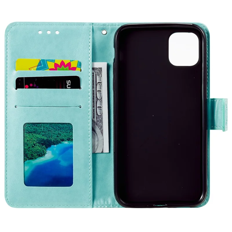 Imprinted Mandala Flower PU Leather Wallet Case Stand Magnetic Closure Flip Cover with Lanyard for iPhone 12 mini 5.4 inch- Cyan