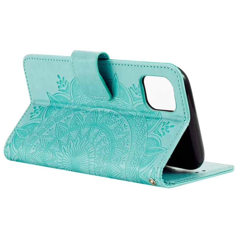 Imprinted Mandala Flower PU Leather Wallet Case Stand Magnetic Closure Flip Cover with Lanyard for iPhone 12 mini 5.4 inch- Cyan