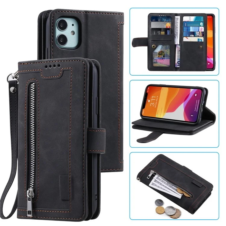 Zipper Pocket 9 Card Slots Leather Wallet Case for iPhone 12 mini 5.4 inch - Black