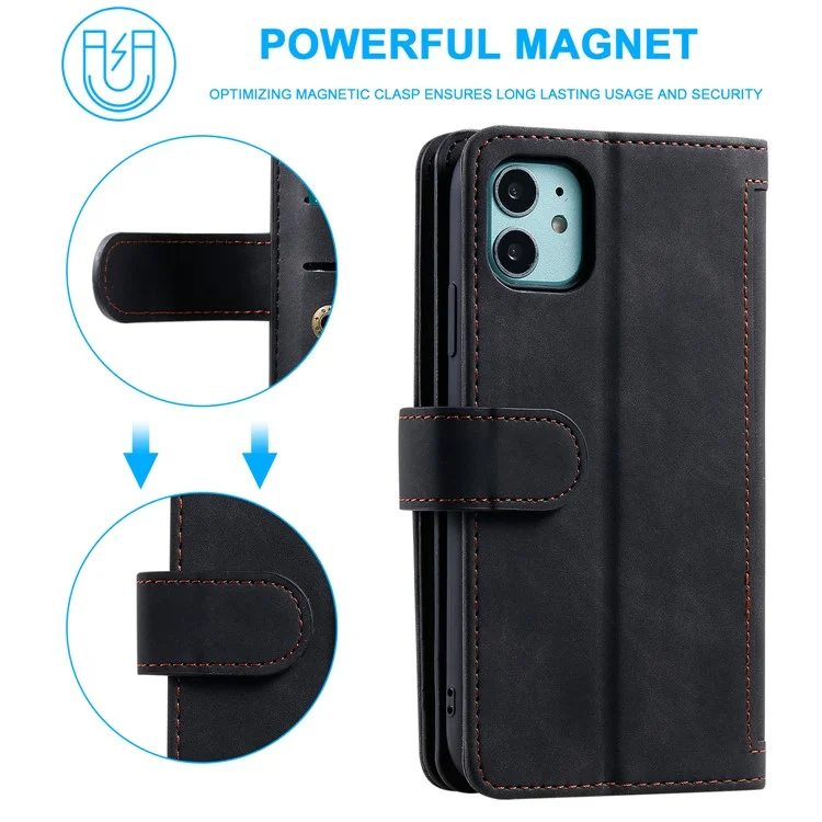 Zipper Pocket 9 Card Slots Leather Wallet Case for iPhone 12 mini 5.4 inch - Black