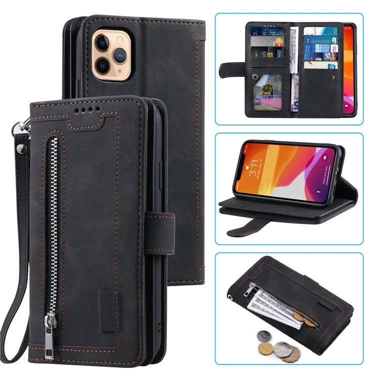 Zipper Pocket 9 Card Slots Leather Wallet Case for iPhone 12 Pro/12 - Black