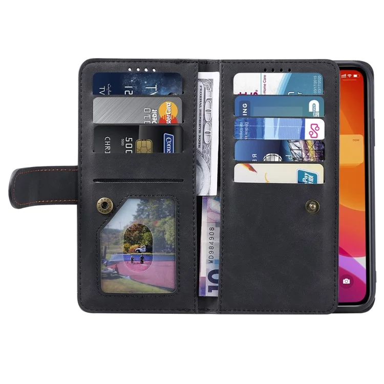 Zipper Pocket 9 Card Slots Leather Wallet Case for iPhone 12 Pro/12 - Black