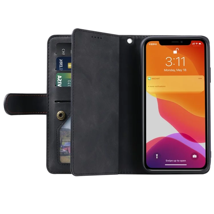 Zipper Pocket 9 Card Slots Leather Wallet Case for iPhone 12 Pro/12 - Black