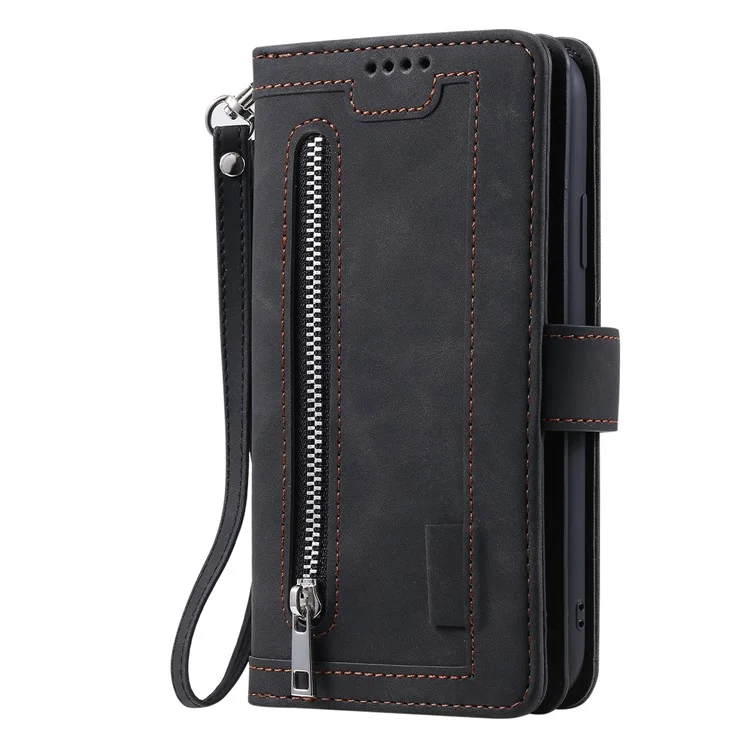 Zipper Pocket 9 Card Slots Leather Wallet Case for iPhone 12 Pro/12 - Black