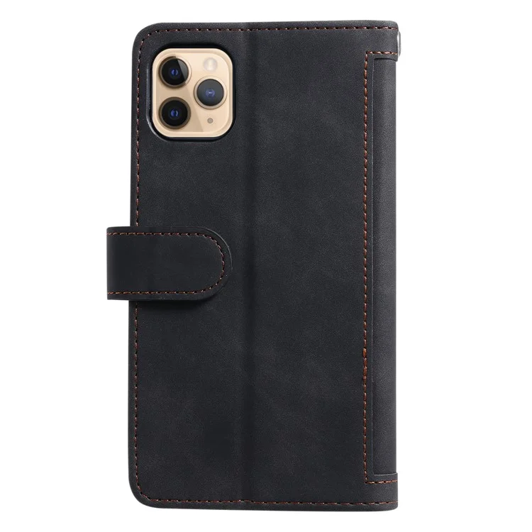 Zipper Pocket 9 Card Slots Leather Wallet Case for iPhone 12 Pro/12 - Black