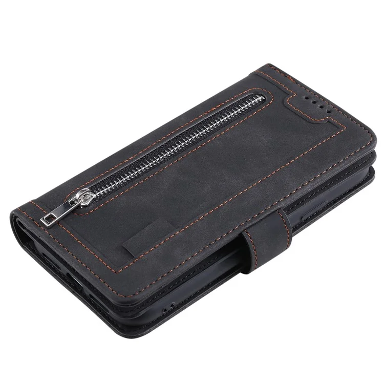 Zipper Pocket 9 Card Slots Leather Wallet Case for iPhone 12 Pro/12 - Black