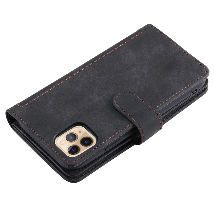 Zipper Pocket 9 Card Slots Leather Wallet Case for iPhone 12 Pro/12 - Black
