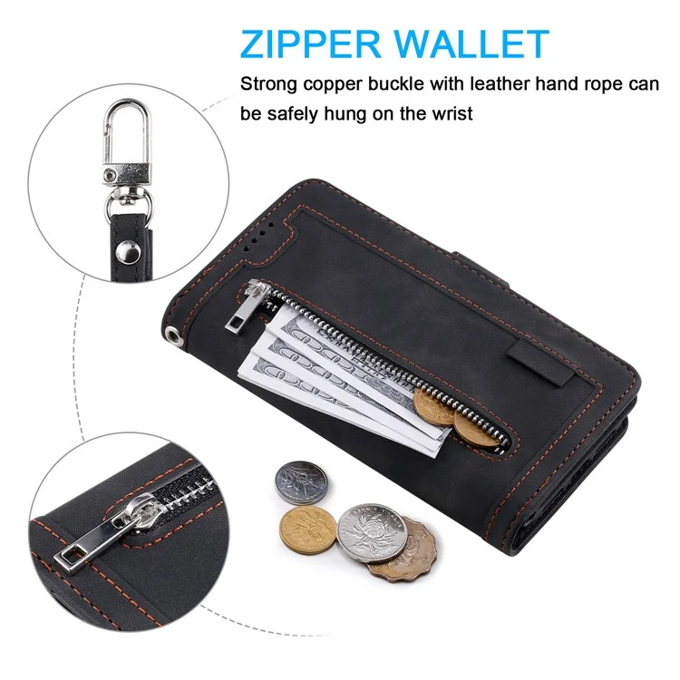 Zipper Pocket 9 Card Slots Leather Wallet Case for iPhone 12 Pro/12 - Black
