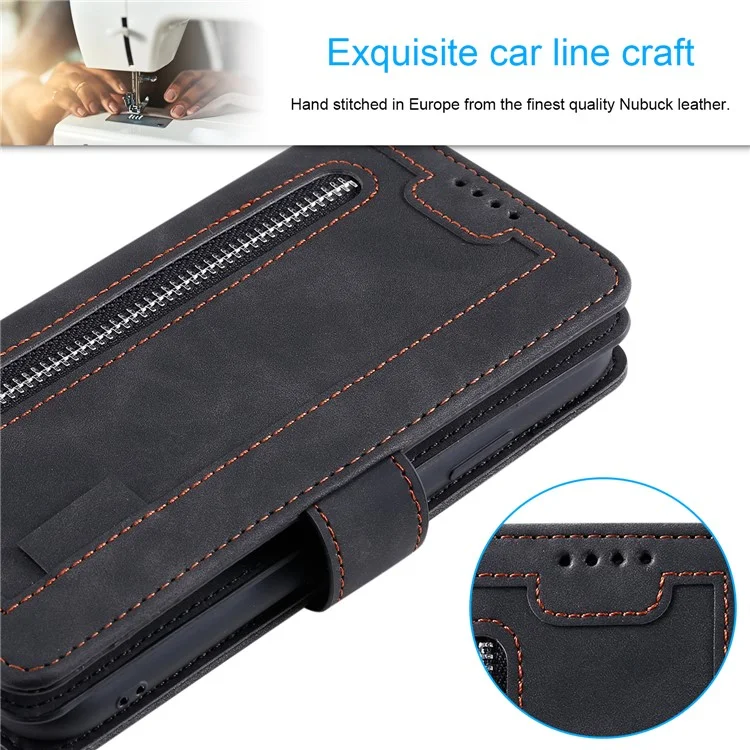 Zipper Pocket 9 Card Slots Leather Wallet Case for iPhone 12 Pro/12 - Black