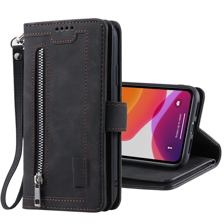 Zipper Pocket 9 Card Slots Leather Wallet Case for iPhone 12 Pro/12 - Black