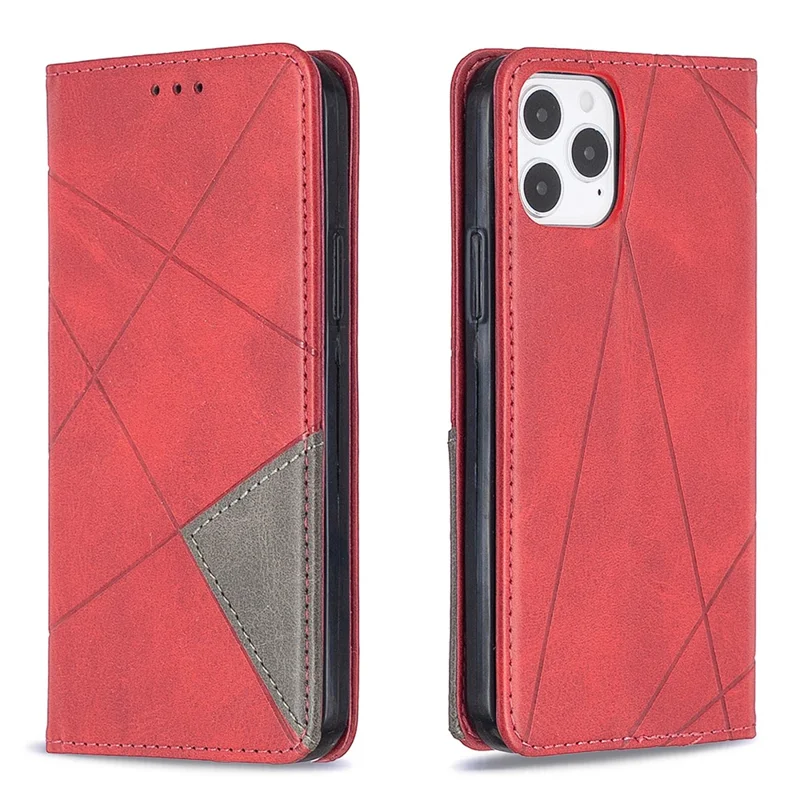 Geometric Pattern Leather Stand Case with Card Slots for iPhone 12 Pro / 12 - Red
