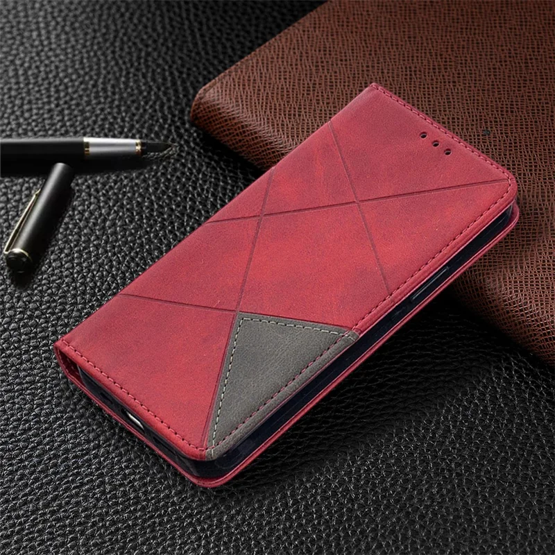 Geometric Pattern Leather Stand Case with Card Slots for iPhone 12 Pro / 12 - Red
