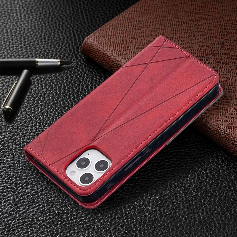 Geometric Pattern Leather Stand Case with Card Slots for iPhone 12 Pro / 12 - Red