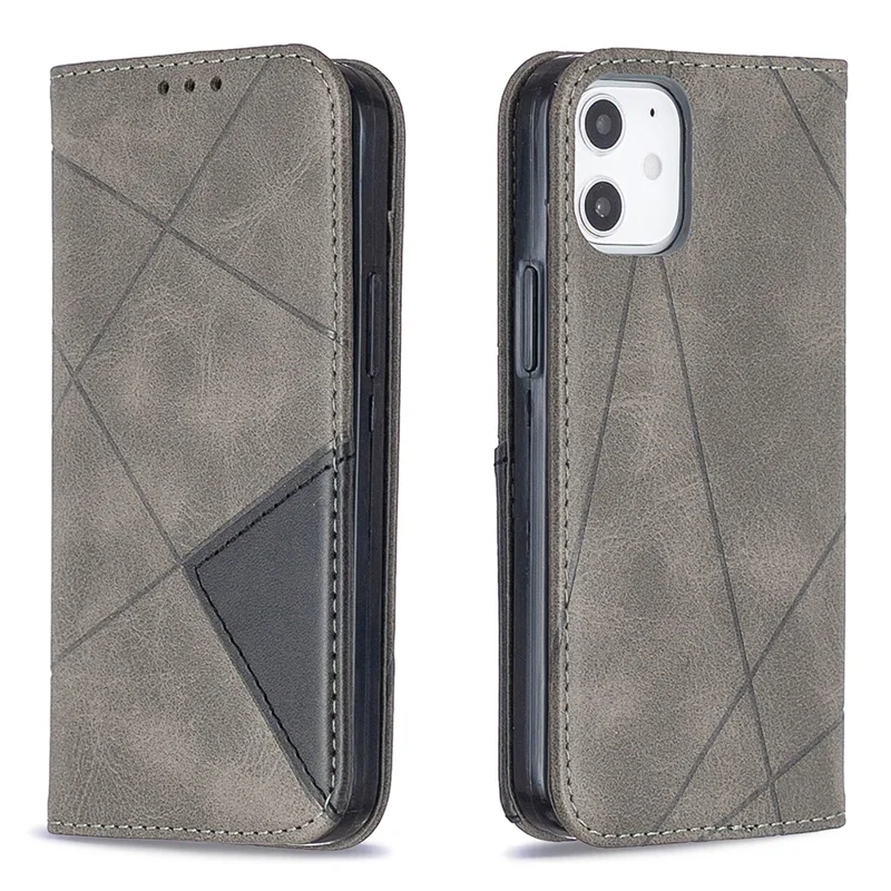 Geometric Pattern Leather Stand Case with Card Slots for iPhone 12 mini 5.4 inch - Grey