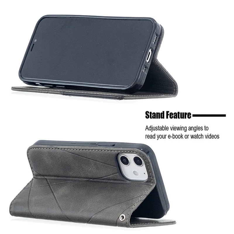 Geometric Pattern Leather Stand Case with Card Slots for iPhone 12 mini 5.4 inch - Grey