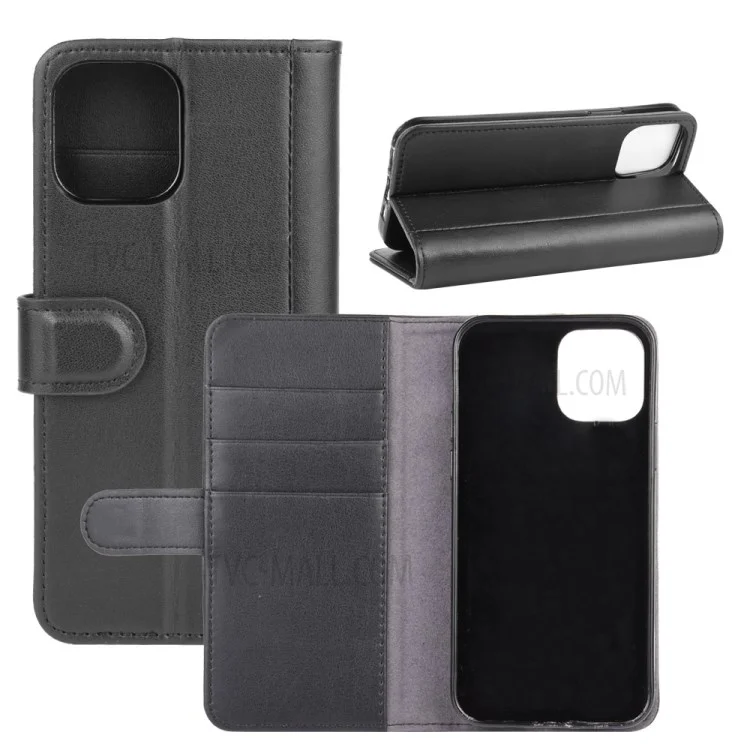 Genuino Billetera de Cuero Partido Soporte de Cubierta de Teléfono para iPhone 12 mini - Negro