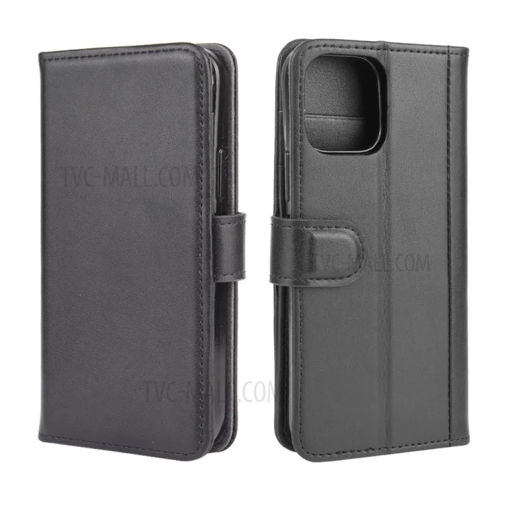 Genuine Split Leather Wallet Stand Phone Case for iPhone 12 Pro Max 6.7 inch - Black