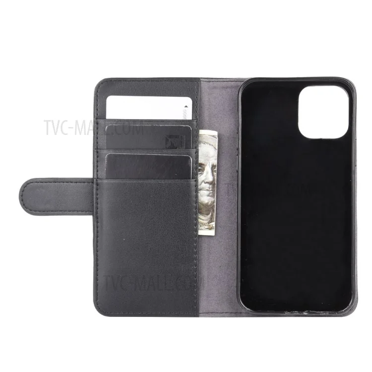 Genuine Split Leather Wallet Stand Phone Case for iPhone 12 Pro Max 6.7 inch - Black