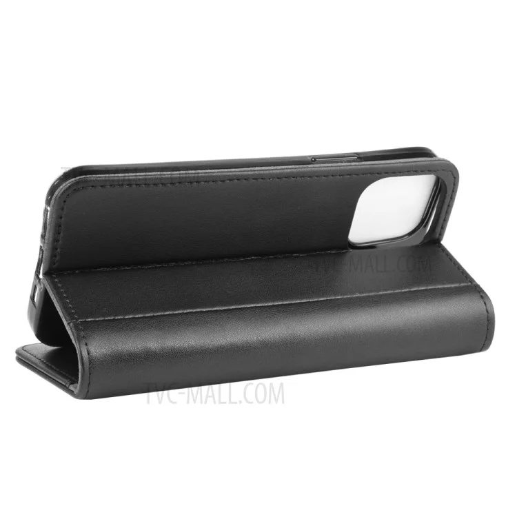 Genuine Split Leather Wallet Stand Phone Case for iPhone 12 Pro Max 6.7 inch - Black