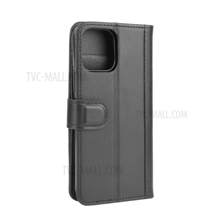 Genuine Split Leather Wallet Stand Phone Case for iPhone 12 Pro Max 6.7 inch - Black