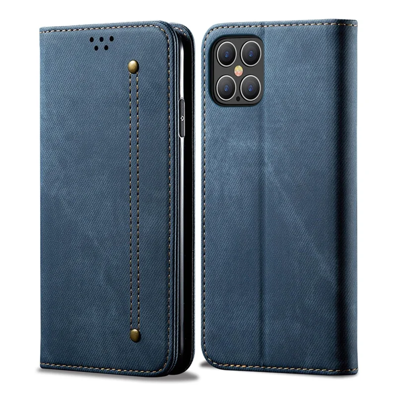 Jeans Cloth Texture Wallet Leather Mobile Phone Protective Cover for iPhone 12 Pro/12 - Blue