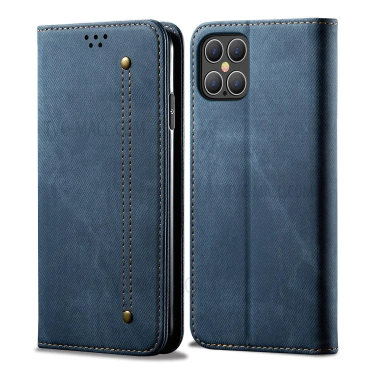 Jeans Cloth Texture Wallet Leather Mobile Phone Protective Cover for iPhone 12 Pro Max 6.7-inch - Blue